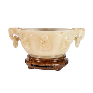 Exquisite Chinese White Jade Dragons Handled Bowl
