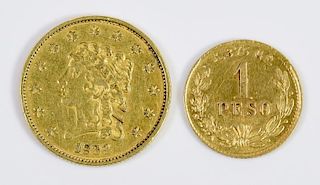 1897 Gold Peso & 1834 US $2 1/2 Gold Coin