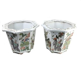 Pair Chinese Famille Vert Style Pots