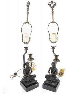 Two Matching Patinated Candlestick Lamps