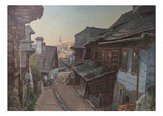 Village Street Scene, Oil on Canvas