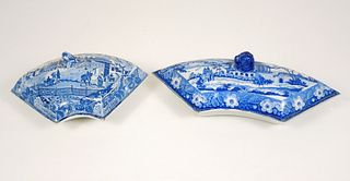(2) English Blue & White Pearlware Fan Shape Covered Dishes.
