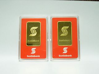 (2) Scotiabank Valcambi Suisse 1 Ounce Gold Bars.