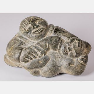 Inuit Black Stone Carving Depicting a Mother and Child