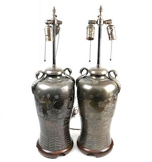 Pair of Chinese Pewter Table Lamps