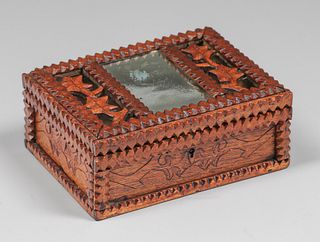 Tramp Art Oak Leaves Carved Box 1892