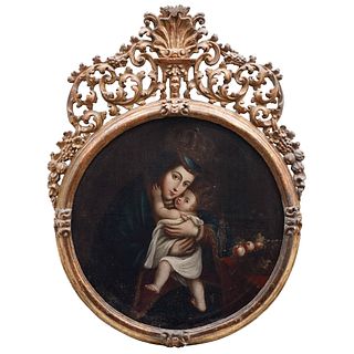 NUESTRA SEÑORA DE BELÉN O VIRGEN DE PASAVENSIS. PUEBLA, SIGLO XVIII. Óleo sobre tela. Detalles de conservación. 90 x 93 cm
