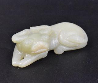 Chinese White Jade Carving of Buffalo, 19th C.