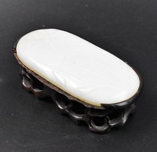 Chinese White Jade Carved Pendant w/ Lotus,Qing D.