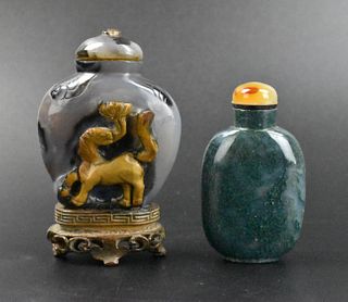 2 Chinese Agate Carved Snuff Bottles, Qing Dynasty