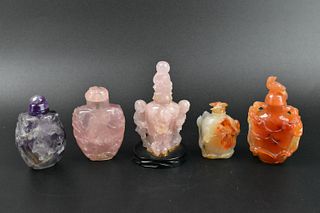 5 Chinese Snuff Bottles, Rose Quartz&Agate&Crystal