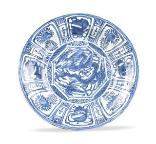 Chinese Kraak Blue & White Plate w/ Dragon, Ming D