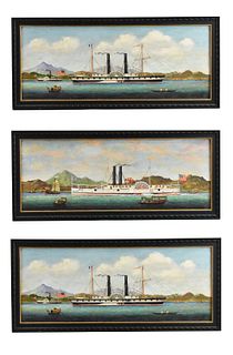 3 Chinese Export Oil Painting of Ship &Boat,Qing D