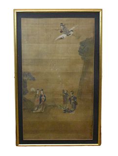 "Qian Lan"Painting on Silk of Lady &Crane, Qing D.