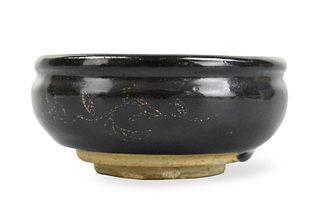 Chinese Gilt Black Glazed Alm Bowl, Yuan Dynasty