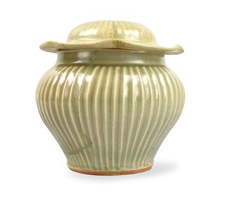 Chinese Longquan Celadon Lobbed Cover Jar, Yuan D.
