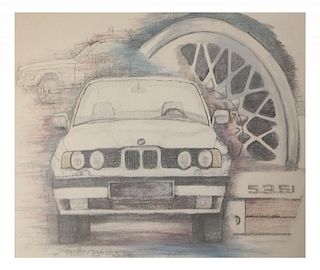 Framed Mixed Media Study For a BMW 535i