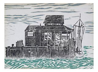 Woodcut Print of a House and Boat