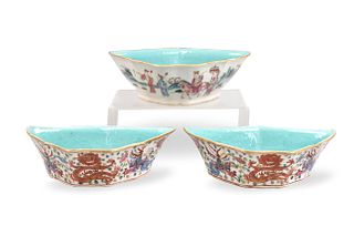 Three Chinese Famille Rose Stem Bowls, 19th C.