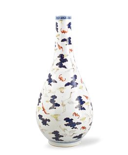 Large Chinese Blue& Famille Rose Vase w/ Crane
