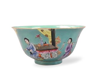 Chinese Turquoise Famille Rose Bowl w/Lady, ROC P.