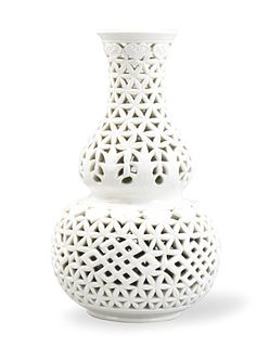 Chinese Soft Paste White Glazed Gourd Vase,ROC P.