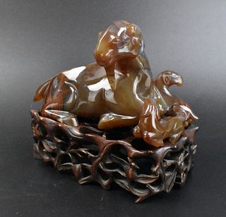 Chinese Agate Carving of 3 Goat on Stand