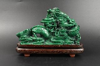 Chinese Malachite Carved Dragon & Cloud on Stand