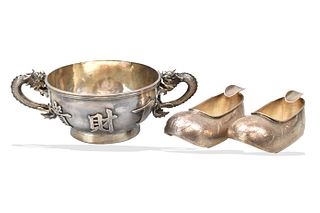Chinese Silver Stem Cup & Pair Shoes, ROC Period
