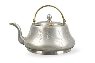 Chinese Pewter Cast Teapot Incised w/ Poem, ROC P.
