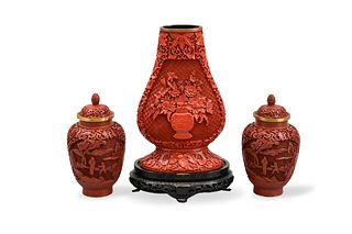 Group 3 Chinese Carved Cinnabar Jar & Vase,20th C.