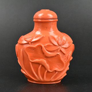 Chinese Glass Carved Coral Red Snuff Bottle,Qing D