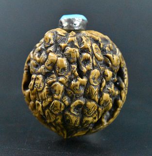 Chinese Walnut Carved Snuff Bottle w/Figure,Qing D