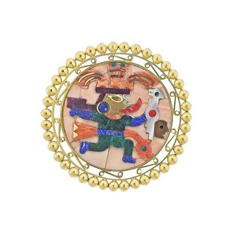 18k Gold Mosaic Gemstone Brooch Pin