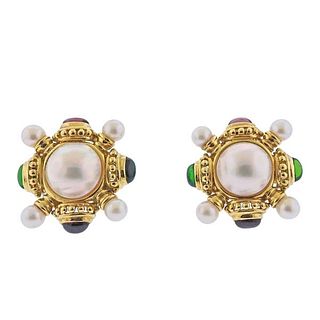 18k Gold Pearl Garnet Tourmaline Earrings