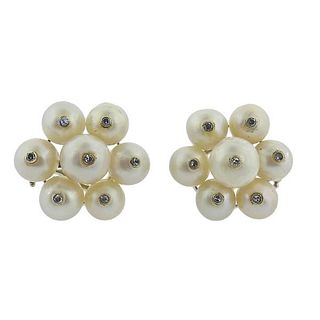 Midcentury 14k Gold Pearl Diamond Cluster Earrings