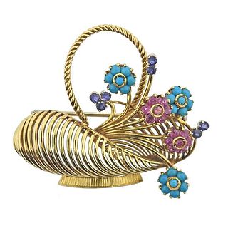 Retro 18k Gold Turquoise Sapphire Ruby Flower Basket Brooch