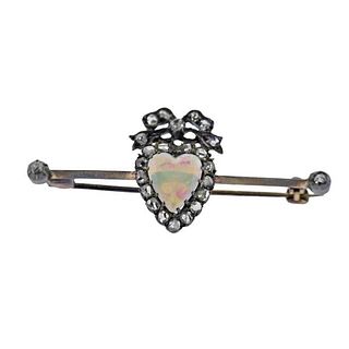 Antique Gold Silver Opal Heart Diamond Brooch Pin