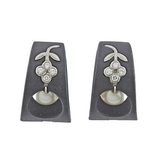 Marsh &amp; Co  Blackened Steel Diamond Pearl Hoop Earrings