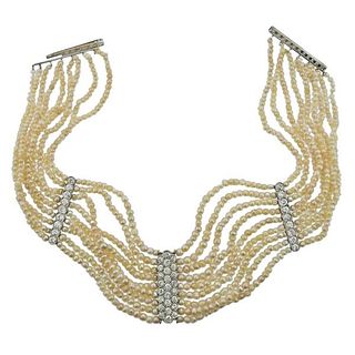 Antique Gold Platinum Pearl Diamond Choker Necklace