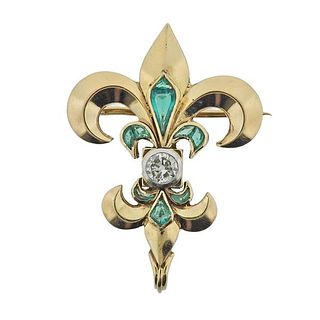 18k Gold Diamond Emerald Fleur de Lis Brooch