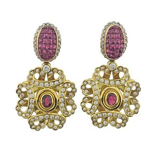 18k Gold Invisible Set Ruby Diamond Drop Earrings