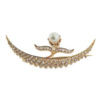 18k Gold Diamond Pearl Brooch Pin