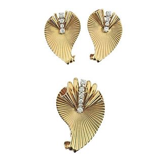 Retro Cartier 14k Gold Diamond Earrings Brooch Set