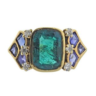 French 18k Gold Diamond Emerald Sapphire Ring