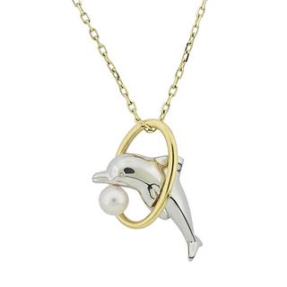 Mikimoto Platinum Gold Pearl Dolphin Pendant Necklace