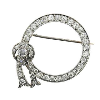 Midcentury Platinum Diamond Circle Bow Brooch