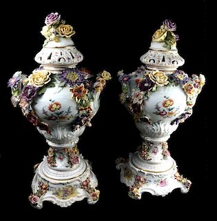 Pair of Dresden Covered Vases on Stands