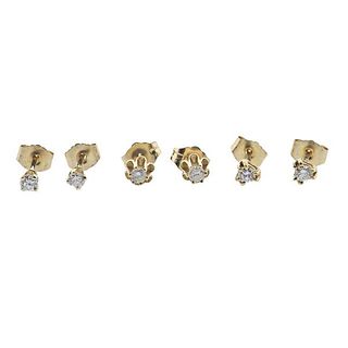 14k Gold Diamond Stud Earrings 3 Pairs