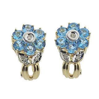 14k Gold Diamond Blue Topaz Flower Earrings